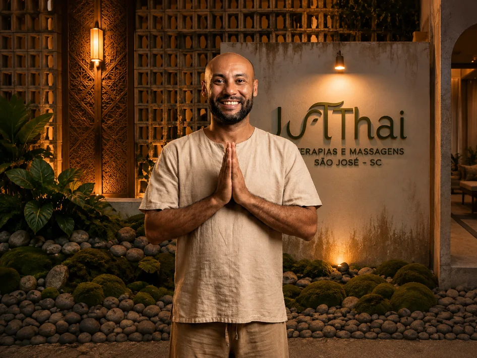 Ju, de barba e roupa de linho clara, com as mãos unidas à frente do peito, diante da fachada iluminada do estúdio JuThai.